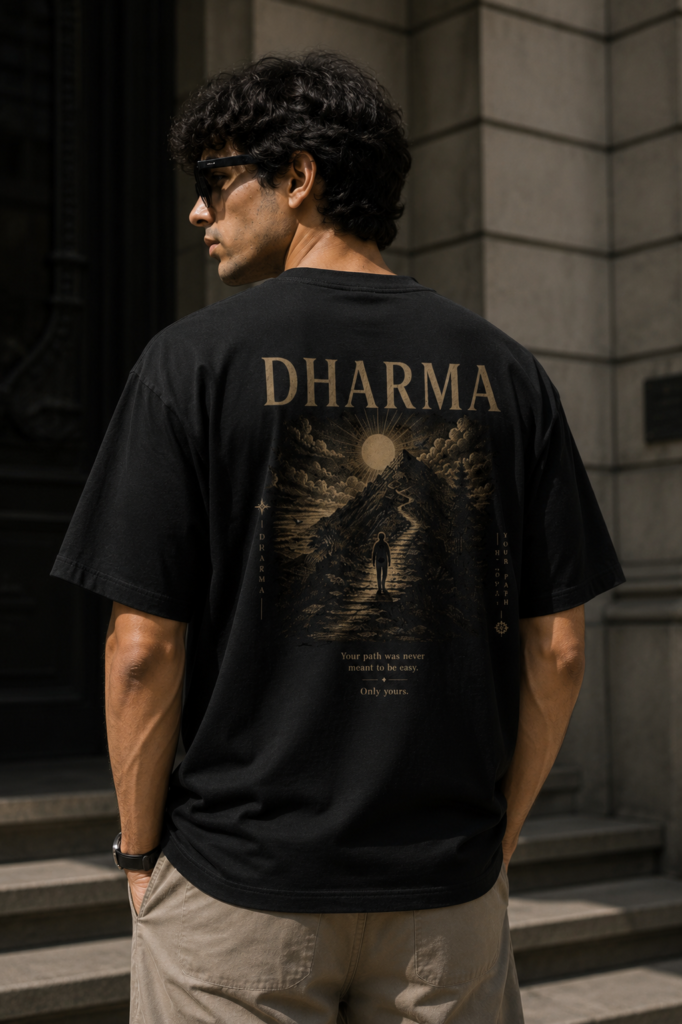 Back view of YUGA Dharma oversized off-white T-shirt featuring a large Dharma-inspired graphic print on premium 240 GSM cotton.